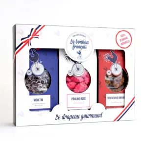 photo coffret cadeau bonbon régionaux et artisanaux avec bonbons à la violette, praline de Lyon et amande au chocolat le bonbon français