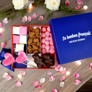 Coffret de confiseries made in France : guimauves, amandes au chocolat, bonbon a la rose, sucettes, ourson guimauve