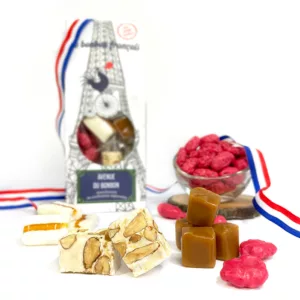 photo avenue du bonbon, le bonbon français, pack assortiment de confiseries régionales, praline rose, bêtise de cambrai, caramel au beurre salé de Bretagne, tendre nougat de Provence