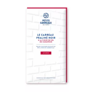 packshot tablette chocolat, carreau praliné noir à la fleur de sel de camargue, chocolat artisanal, tablette de chocolat praliné, chocolat noir, praliné à la noisette et à la fleur de camargue, petits carreaux de paris