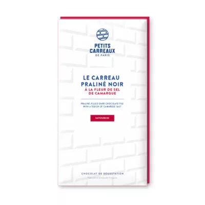packshot tablette chocolat, carreau praliné noir à la fleur de sel de camargue, chocolat artisanal, tablette de chocolat praliné, chocolat noir, praliné à la noisette et à la fleur de camargue, petits carreaux de paris