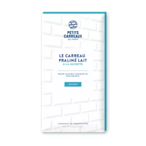 packshot tablette chocolat, carreau praliné lait à la noisette, chocolat artisanal, tablette de chocolat praliné, chocolat au lait, praliné à la noisette, petits carreaux de paris