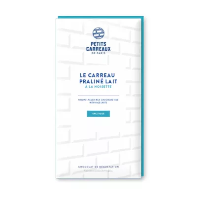 packshot tablette chocolat, carreau praliné lait à la noisette, chocolat artisanal, tablette de chocolat praliné, chocolat au lait, praliné à la noisette, petits carreaux de paris