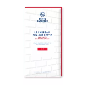 packshot tablette chocolat, carreau praliné festif aux notes de pain d'épices, chocolat artisanal, chocolat de Noël, tablette de chocolat praliné, chocolat noir, praliné à la noisette et aux notes de pain d'épices, petits carreaux de paris