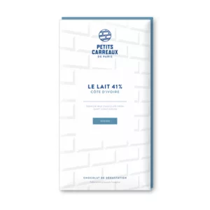 packshot chocolat au lait 41%, chocolat artisanal, tablette de chocolat au lait, chocolat au lait cacao 41% Côte d'Ivoire, petits carreaux de paris