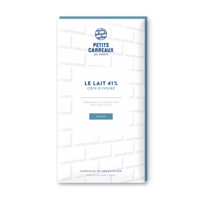packshot chocolat au lait 41%, chocolat artisanal, tablette de chocolat au lait, chocolat au lait cacao 41% Côte d'Ivoire, petits carreaux de paris