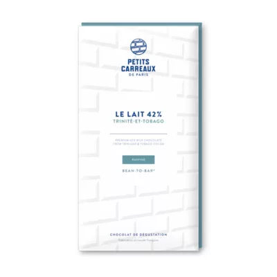 packshot chocolat au lait 42%, chocolat artisanal, tablette de chocolat au lait, chocolat au lait cacao 42% Trinité-et-Tobago, petits carreaux de paris