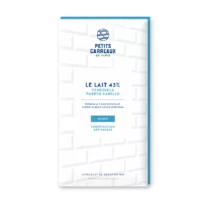 packshot chocolat au lait 43%, chocolat artisanal, tablette de chocolat au lait, chocolat au lait cacao 43% Venezuela, petits carreaux de paris