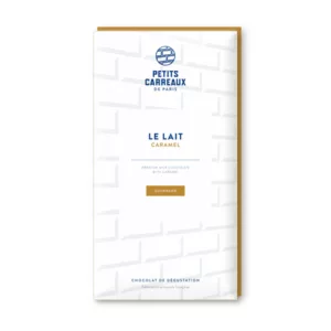packshot chocolat au lait et caramel, chocolat artisanal, tablette de chocolat au lait et caramel, chocolat au lait et caramel cacao 31%, petits carreaux de paris