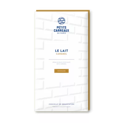 packshot chocolat au lait et caramel, chocolat artisanal, tablette de chocolat au lait et caramel, chocolat au lait et caramel cacao 31%, petits carreaux de paris