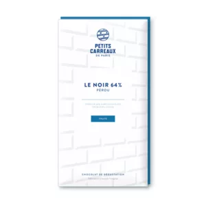 packshot chocolat noir 64%, chocolat artisanal, tablette de chocolat noir, chocolat noir cacao 64% Pérou, petits carreaux de paris