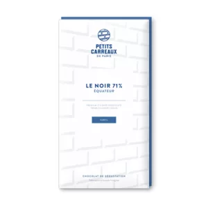 packshot chocolat noir 71%, chocolat artisanal, tablette de chocolat noir, chocolat noir cacao 71% Équateur, petits carreaux de paris