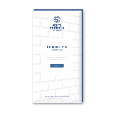 packshot chocolat noir 71%, chocolat artisanal, tablette de chocolat noir, chocolat noir cacao 71% Équateur, petits carreaux de paris