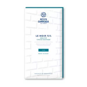packshot chocolat noir 72%, chocolat artisanal, tablette de chocolat noir, chocolat noir cacao 72% Bolivie, petits carreaux de paris