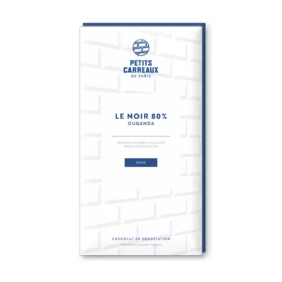 packshot chocolat noir 80%, chocolat artisanal, tablette de chocolat noir, chocolat noir cacao 80% Ouganda, petits carreaux de paris