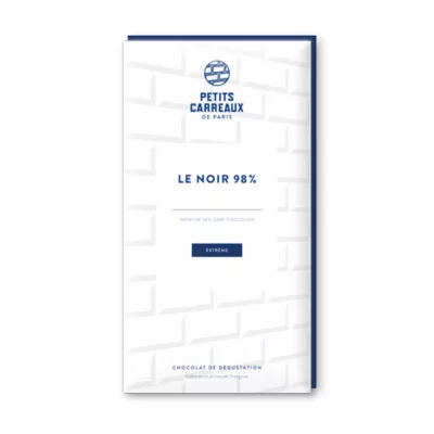packshot chocolat noir 98%, chocolat artisanal, tablette de chocolat noir, chocolat noir cacao 98%, petits carreaux de paris