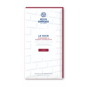 packshot chocolat noir au gingembre et piment d'Espelette, chocolat artisanal, tablette de chocolat noir, chocolat noir au gingembre et piment d'Espelette cacao 60%, petits carreaux de paris