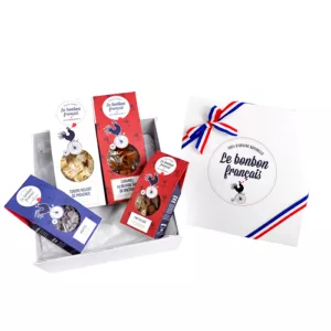photo coffret cadeau, coffret découverte, confiserie régionale, bonbons naturels, violette, nougat de provence, caramel au beurre salé de bretagne, fort de café, le bonbon français