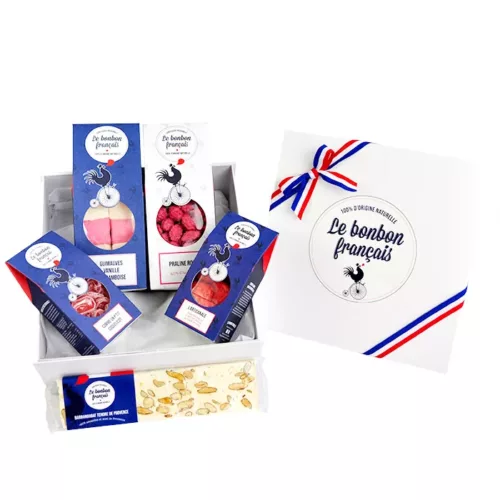 photo coffret cadeau, coffret gourmet, confiserie régionale, bonbons naturels, barre de nougat, coquelicot, fraise guimauve tagada artisanale, guimauves vanille et framboises, praline rose de lyon, le bonbon français