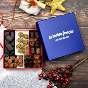 coffret cadeau noël, coffret noël, coffret chocolat de noël, coffret cadeau, nougats enrobés de chocolat, boules de chocolat enrobé d'épices de noël, sac de billes, choco grizzly ourson guimauve enrobés de chocolats lait et noir, papillotes malakoff, le bonbon français