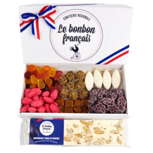 photo coffret cadeau, coffret péché mignon, confiserie régionale, bonbons naturels, barre de nougat, méli-mélo bonbons gélifiés au fruit, praline rose de lyon, caramel au beurre salé de bretagne, sac de billes, calisson d'aix en provence, violette, le bonbon français
