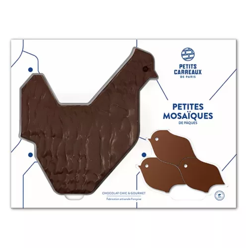 La plaque Poule et ses Poussins - Petits Carreaux de Paris plaque de pâques, poule pralinée, chocolat noir, chocolat lait, chocolat de pâques, poussin en chocolat, petits carreaux de paris